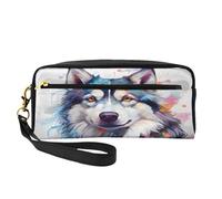 Mexpekil Trousse à crayons aquarelle en forme de chien peint - Trousse de maquillage de voyage - Sac à main en cuir - Pour pinceaux de maquillage - Boîte de papeterie pour enfants - Fournitures