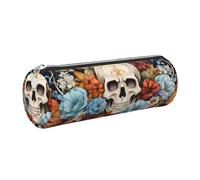 Mexpekil Trousse à crayons en cuir pour filles et garçons, petite trousse de rangement à fermeture éclair fine multi-usage pour fournitures scolaires enfants adultes, Tête de mort Fleur Feuille