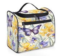 Mexpekil Trousse de toilette à suspendre violet/jaune avec fleur d'iris et papillon pour homme et femme, grande trousse de maquillage étanche pour voyage, multicolore, 10.2 x 6.5 x 9.2 inches, Trousse