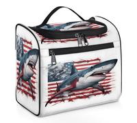 Mexpekil Trousse de toilette de voyage à suspendre avec 11 compartiments, grand requin, drapeau américain, patriotisme, trousse de maquillage résistante à l'eau, organisateur de voyage pour