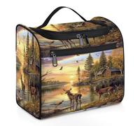 Mexpekil Trousse de toilette de voyage à suspendre avec 11 compartiments, motif cerf prune, élan sur la rive de la rivière, trousse de maquillage résistante à l'eau, organisateur de voyage pour