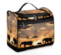 Mexpekil Trousse de toilette de voyage à suspendre avec 11 compartiments, safari, éléphants migrants, savane africaine, résistante à l'eau, trousse de maquillage, organisateur de voyage pour