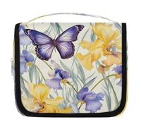 Mexpekil Trousse de toilette pour femmes, hommes, femmes, violet, jaune, iris fleur, papillon, étanche, à suspendre, avec crochet, trousse de maquillage