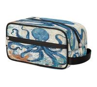 Mexpekil Trousse de toilette rétro bleu océan Octopus avec carte de mots - Trousse de toilette - Trousse de maquillage - Pochette de rangement pour femmes, hommes, garçons et filles