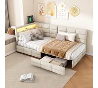 MEXUS Canapé-Lit Simple Rembourré 90x200 cm avec Deux Tiroirs et Lampe de Chevet LED, avec Ports USB et Type-C, Lit Multifonctionnel pour Enfants (Beige 90 x 200cm)