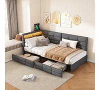 MEXUS Canapé-lit Simple rembourré 90x200 cm avec Deux tiroirs et Lampe de Chevet LED, avec Ports USB et Type-C, lit Multifonctionnel pour Enfants, Gris