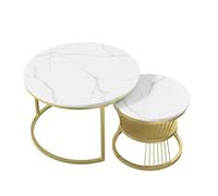 MEXUS Ensemble de 2 Tables Basses Rondes Modernes, placage marbre, Combinaison Table Basse, pour Salon, Balcon et Bureau, Structure en métal, Ø 80 et Ø 60 cm (Blanc et Or)