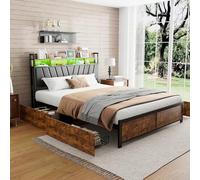 MEXUS Lit 160 x 200 avec Rangement, LED Lit Bois Fer 4 Tiroirs, Lit 2 Personnes Douille USB, Répond Tous Besoins Fondamentaux Matière Sommeil, Rangement, D'éclairage Recharge (Matelas Non Inclus)