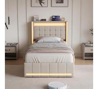 MEXUS Lit Coffre 140x200cm, Hydraulique Lit Rangement, LED/USB, Lit Rembourré, Lit 2 Personnes, Applicable à Essentiels Rangement, Création Atmosphère Agréable et Recharge (Beige, 90x200cm)
