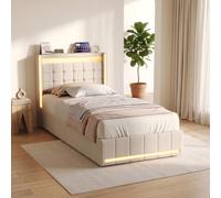 MEXUS Lit Coffre 140x200cm, Hydraulique Lit Rangement, LED/USB, Lit Rembourré, Lit 2 Personnes, Applicable à Essentiels Rangement, Création Atmosphère Agréable et Recharge (Tiroir Beige, 90x200cm)