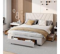 MEXUS Lit Double tapissé 140x200 avec Rangement, 4 tiroirs, tête de lit avec Port USB et étagère, avec sommier à Lattes, sans Matelas, Lin, Beige (Beige, 140x200cm)
