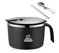 MEYAGOT Bol à ramen avec couvercle, 1300 ml, en acier inoxydable, avec poignée en bois, support de téléphone, cuillère pliante, baguettes, bol à nouilles instantanées, bol à soupe japonais