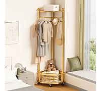 MEYEBP Porte-Manteau Porte-vêtements Doré Porte-Manteau sur roulettes avec Panier De Rangement, Porte-Manteau d'angle en Métal, Porte-Pantalon pour Couloir, Salon, Chambre à Coucher