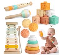 Meytccve Jouets pour Bébés - Jouets Montessori pour Blocs de Construction Empilables en Bois, Jouets de Dentition, Balles Sensorielles, Xylophone Musical Cadeau d'anniversaire pour Enfants