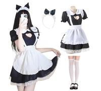 MeYuxg Robe de Maid - Tenue de demoiselle - En forme de cœur creux - Anime French Maid - Adorable robe de cosplay pour femme - Avec bas et bandeau - Pour carnaval, jeu de rôle - Taille S