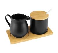 MeYuxg Set Lait et Sucre, Contient Pot a Lait avec Plateau en Bois et Sucrier avec Couvercle et Une Cuillère, Pot à Lait en Céramique et Sucrier, Passe au Micro-Ondes et au Lave-Vaisselle (Noir)
