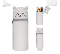 MeYuxg Trousse Silicone Verticale,2 in 1 Grande capacité Extensible Étui à Crayon,Trousse Kawaii Fermeture Eclair en Silicone Porte-Stylo de Table pour Garçon et Fille(Chat Gris)