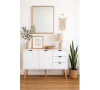 Meyvaser.com Ecommerce Company Buffet blanc avec 3 tiroirs et 2 portes - 120 x 39 x 75 cm - Meuble de rangement moderne avec pieds en bois de hêtre et guides métalliques