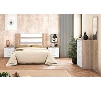 Meyvaser.com Ecommerce Company Chambre double complète - Tête de lit 160 cm, 2 tables, chiffonnier 5 tiroirs, couleur pin cambria et blanc, format kit, montage facile