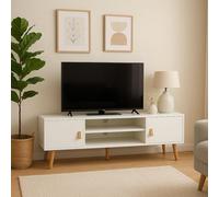 Meyvaser.com Ecommerce Company Meuble TV blanc avec 2 portes et poignées en similicuir - 140 x 39,5 x 45 cm - Table de télévision moderne avec pieds en bois de pin