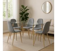 Meyvaser.com Ecommerce Company Table de salle à manger fixe avec plateau en verre et pieds métalliques effet bois scié - 120 x 70 x 75 cm - Design moderne et industriel avec structure en acier
