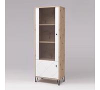 Meyvaser.com Ecommerce Company Vitrine haute 2 portes stratifié synthétique couleur chêne façades en MDF laqué blanc mat Dimensions : 170,2 x 40 x 68,4 cm
