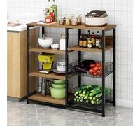 Meyvaser Étagère de cuisine, Organisateur Cuisine, Meuble de Rangement pour Four à Micro-ondes, avec 2 Paniers Métalliques en Maille, 4 Niveaux, 80 x 30 x 101 cm, Noir et Marron Rustique