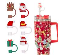 Mezrkuwr 6 Pcs Couvercle De Paille pour Stanley Gobelets, Bonhomme De Neige, Elan, 10mm, Silicone, Couvercle De Paille, Réutilisable, Cadeaux De Noël