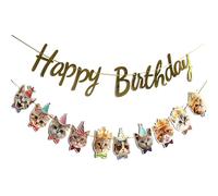 Mezrkuwr Lot de 2 bannières Happy Birthday - Guirlande de chat - Décoration d'anniversaire amusante - Visage de chat - Fête d'anniversaire - Guirlande de fanions - Décorations dorées