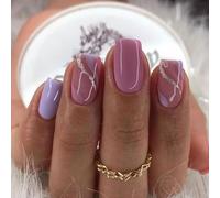 Mezrkuwr Lot de 24 faux ongles courts carrés à coller, ligne dorée, vagues, violets, brillants, en acrylique, pour femme