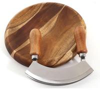 Mezzaluna Planche à découper - Hachoir Coupe-Herbes Double Lame en Acier Inoxydable avec Planche Ronde à découper en Bois d'acacia