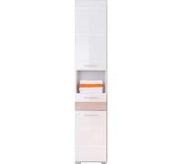 MezzoBad Armoire de toilette haute avec 2 portes, 1 tiroir, 1 compartiment ouvert, blanc, blanc brillant, imitation chêne.