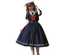 Mfacl Juce Lolita Jupe Jupe Été Robes Lolita Sweet Robe Harajuku Harajuku Collier Navy Robes Vintage Bow Kawaii Filles Preppy Style Robe à Manches Longues (Color : Navy Blue, Size : M)