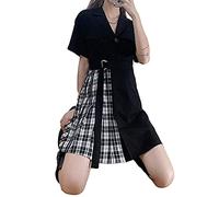 Mfacl Mignon Lolita Robe Jupe Robe d'été Robe à Manches Courtes Femmes Plaid Femmes coréen Style branché élégant Occasionnel Nouveau (Color : Black, Size : S)