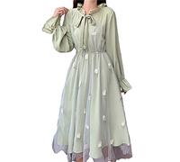 Mfacl Robe de Manches Longues Mignonne Lolita Robe de Manches Longues Patchwork Bow col Broderie élégante collège à la Mode de causalité à la Mode (Color : Green, Size : S)
