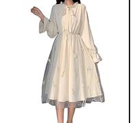 Mfacl Robe de Manches Longues Mignonne Lolita Robe de Manches Longues Patchwork Bow col Broderie élégante collège à la Mode de causalité à la Mode (Color : Apricot, Size : M)