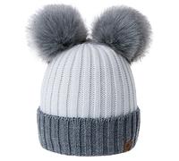MFAZ Morefaz Ltd Femme Chapeau d'hiver Beanie Chapeau Double Pom Pom Hat Bonnet (Grey White)