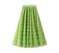 MFESFCS Jupe Tulle Femme Tulle Cake Long Skirt Women Spring Summer Ruffle Pleated A-Line Chic Skirt Ladies Sweet Black White Tutu Skirts(Lihgt Green,M)