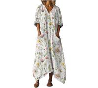 Mfhmom Robe Bohème Grande Taille Femme Longue Fluide Chic et Elegant Lin Coton Col V Manches 3/4 Imprimé Floral Tunique Caftan avec Poches Plage Casual Maxi Dress Vacances Ete Printemps