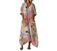 Mfhmom Robe Bohème Grande Taille Femme Longue Fluide Chic et Elegant Lin Coton Col V Manches 3/4 Imprimé Floral Tunique Caftan avec Poches Plage Casual Maxi Dress Vacances Ete Printemps