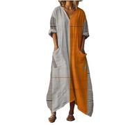 Mfhmom Robe Bohème Grande Taille Femme Longue Fluide Chic et Elegant Lin Coton Col V Manches 3/4 Imprimé Floral Tunique Caftan avec Poches Plage Casual Maxi Dress Vacances Ete Printemps