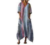 Mfhmom Robe Bohème Grande Taille Femme Longue Fluide Chic et Elegant Lin Coton Col V Manches 3/4 Imprimé Floral Tunique Caftan avec Poches Plage Casual Maxi Dress Vacances Ete Printemps