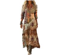 Mfhmom Robe De Soiree Femme Grande Taille Manche Longue Bohème Chic Elegant Fluide Maxi Djellaba Vintage Cocktail Eté Plage Imprimé Floral Caftan Tunique Ceremonie Col V Printemps Automne
