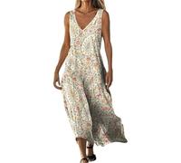 Mfhmom Robe Femme Ete - Maxi Décontractée sans Manche Col V Coton Lin Légère Floral Basique Minimaliste Ample Tunique Grande Taille Fluide Casual Vacances Vetement Robes D'été