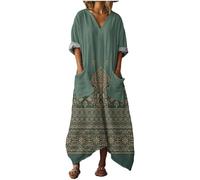 Mfhmom Robe Lin Coton Femme Chic et Élégant Bohème Grande Taille Longue Fluide Ete Manches 3/4 Col V Imprimé Floral Poches Caftan Tunique Vintage Maxi Dress Plage Printemps Ample Vacances