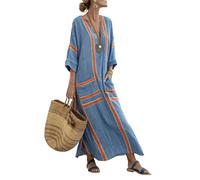 Mfhmom Robe Longue Femme - Caftan Été Coton Lin Col V Tunique Bohème Ethnique Cache-Maillot De Bain Imprimée Ample Grande Taille Décontractée Vacances Plage Casual Vintage Robes Fluide Poches (T,3TG)
