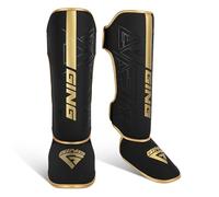 MFMEXUL Protège-Tibia Arts Martiaux Légers en Polyuréthane Support Renforcé pour Tibia Pieds Cheville Fonction Coussinet Confortable Recommandé pour, Noir, Noir Et Or, S