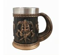 MFMEXUL Style Tasse Bière Gobelet Tankard en Résine avec Doublure en Acier Inoxydable Texture Bois et Ornements Antiques Base Bronze Stable Adaptée aux