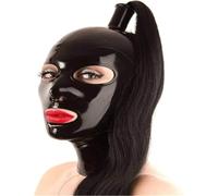 MFMYEE Masque en latex avec perruque en latex, coiffe BDSM bondage cosplay, masque de fête Halloween. (XL)
