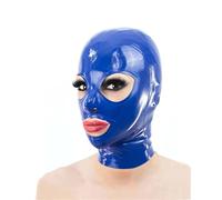 MFMYEE Masque en latex bondage, masque BDSM, cagoule fétichiste, cosplay latex, fermeture éclair au dos, couvre-visage yeux et bouche ouverts (bleu)